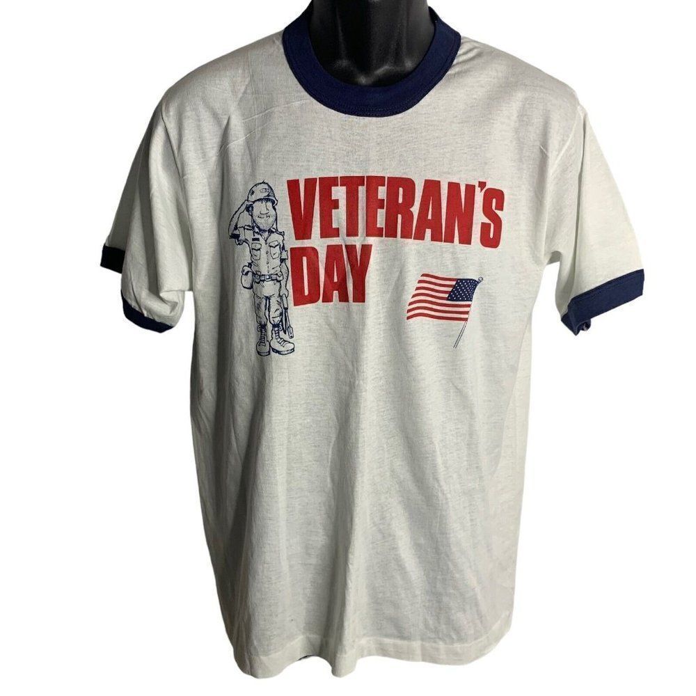 Vintage Screen Stars Veterans Day T Shirt M White Ringer Double Sided Graphic